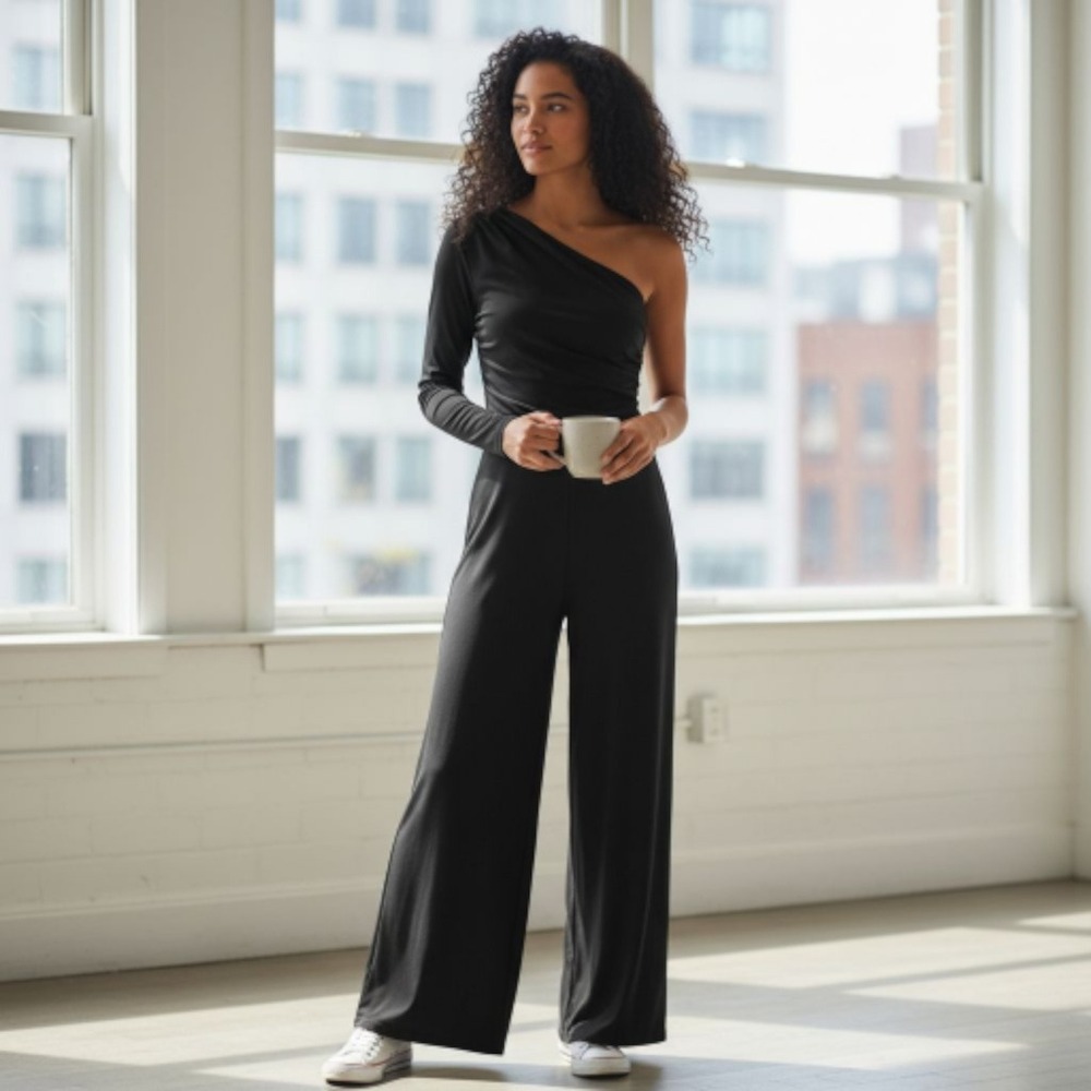 Susana Monaco Jumpsuit Womens Small Black‎ One Shoulder Ruched Waist Wide Leg